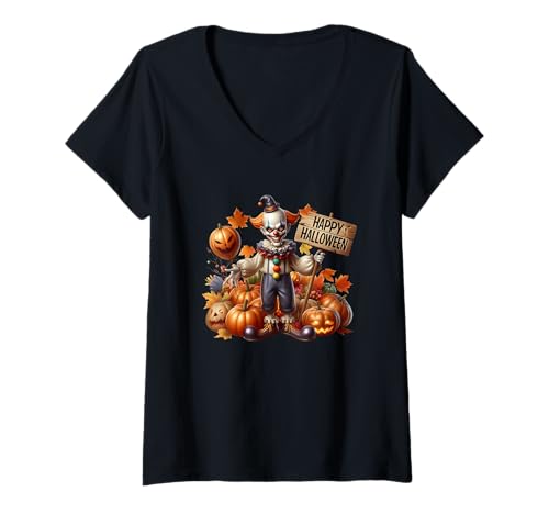 Damen Happy Halloween Clown mit Kürbissen T-Shirt mit V-Ausschnitt Damen Happy Halloween Clown mit Kürbissen T-Shirt mit V-Ausschnitt von Creepy Clown Halloween Pumpkin Festive