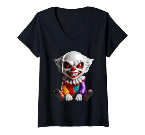 Damen Gruseliger Clown T-Shirt mit V-Ausschnitt Damen Gruseliger Clown T-Shirt mit V-Ausschnitt von Creepy Clown Horror Halloween Night