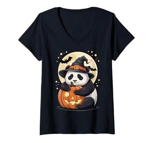 Damen Halloween Panda Hexenhut Kürbis Gruselig T-Shirt mit V-Ausschnitt Damen Halloween Panda Hexenhut Kürbis Gruselig T-Shirt mit V-Ausschnitt von Creepy Cute Halloween Pandas Pumpkins Bats Costume