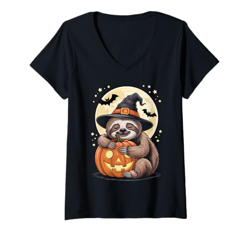 Damen Halloween Faultier Hexenhut Kürbis Gruselig T-Shirt mit V-Ausschnitt Damen Halloween Faultier Hexenhut Kürbis Gruselig T-Shirt mit V-Ausschnitt von Creepy Cute Halloween Sloths Pumpkins Bats Costume