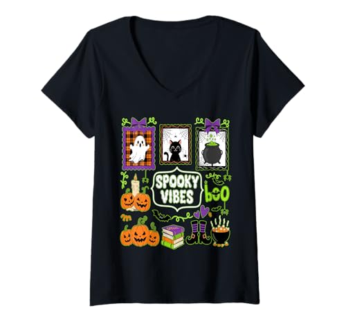 Damen Gruselige Coquette Halloween Kürbis Jack O'Lantern Crew T-Shirt mit V-Ausschnitt von Creepy Cute Halloween Vibes