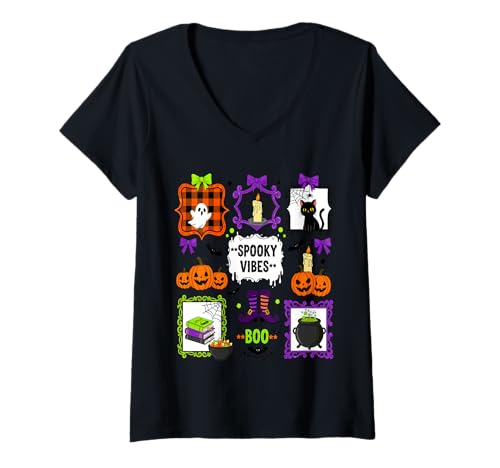 Damen Gruselige Coquette Halloween Kürbis Jack O'Lantern Crew T-Shirt mit V-Ausschnitt Damen Gruselige Coquette Halloween Kürbis Jack O'Lantern Crew T-Shirt mit V-Ausschnitt von Creepy Cute Halloween Vibes