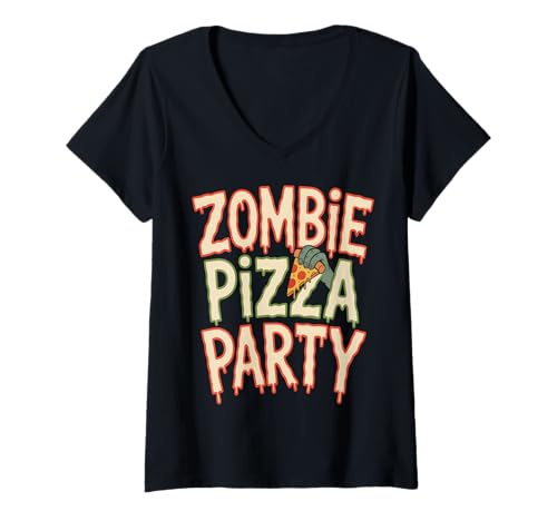 Damen Zombie Pizza Party Lustig Halloween T-Shirt mit V-Ausschnitt Damen Zombie Pizza Party Lustig Halloween T-Shirt mit V-Ausschnitt von Creepy Food Party Apparel