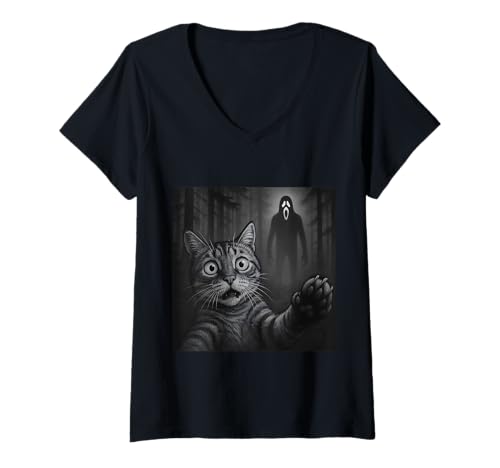 Damen Lustige Angst Katze Selfie Halloween Geist Gruseliger Wald T-Shirt mit V-Ausschnitt Damen Lustige Angst Katze Selfie Halloween Geist Gruseliger Wald T-Shirt mit V-Ausschnitt von Creepy Funny Horror Cats Selfie Ghosts Forest Tees