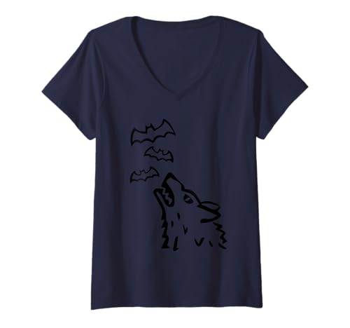 Damen Heulender Wolfskopf mit Fledermäusen im Himmel – Halloween T-Shirt mit V-Ausschnitt Damen Heulender Wolfskopf mit Fledermäusen im Himmel – Halloween T-Shirt mit V-Ausschnitt von Creepy Halloween motifs