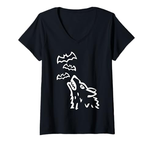 Damen Heulender Wolfskopf mit Fledermäusen im Himmel – Halloween T-Shirt mit V-Ausschnitt Damen Heulender Wolfskopf mit Fledermäusen im Himmel – Halloween T-Shirt mit V-Ausschnitt von Creepy Halloween motifs