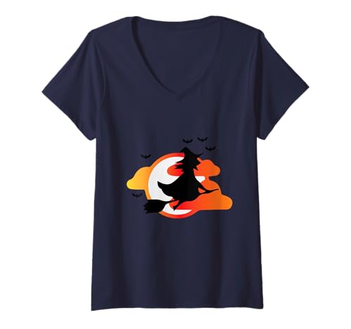 Damen Hexe auf Besen vor Sonnenuntergang mit Fledermäusen T-Shirt mit V-Ausschnitt Damen Hexe auf Besen vor Sonnenuntergang mit Fledermäusen T-Shirt mit V-Ausschnitt von Creepy Halloween motifs