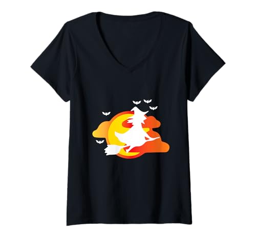 Damen Hexe auf Besen vor Sonnenuntergang mit Fledermäusen T-Shirt mit V-Ausschnitt Damen Hexe auf Besen vor Sonnenuntergang mit Fledermäusen T-Shirt mit V-Ausschnitt von Creepy Halloween motifs