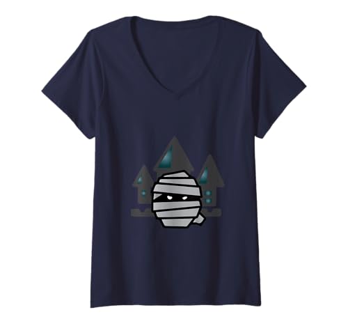 Damen Mumienkopf vor Spukhaus – Halloween Design T-Shirt mit V-Ausschnitt Damen Mumienkopf vor Spukhaus – Halloween Design T-Shirt mit V-Ausschnitt von Creepy Halloween motifs
