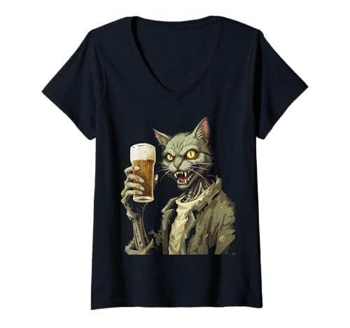 Damen Halloween Zombie Katze Bier Gruselparty T-Shirt mit V-Ausschnitt Damen Halloween Zombie Katze Bier Gruselparty T-Shirt mit V-Ausschnitt von Creepy Humor Funny Zombie Halloween Beer Lovers