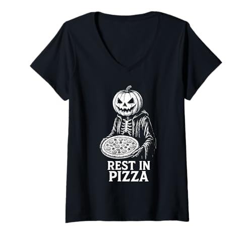 Damen Rest In Pizza Lustiges Kürbis-Skelett Halloween T-Shirt mit V-Ausschnitt Damen Rest In Pizza Lustiges Kürbis-Skelett Halloween T-Shirt mit V-Ausschnitt von Creepy Jack O Lantern Grim Reaper Pizza Delivery