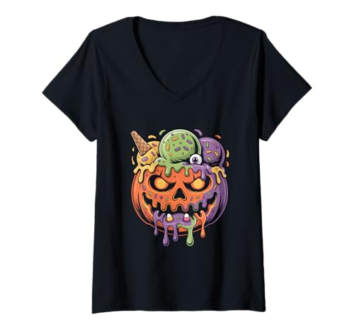 Damen Kürbis Eiscreme Monster Halloween Damen Herren T-Shirt mit V-Ausschnitt von Creepy Jack O Lantern Ice Cream Dripping
