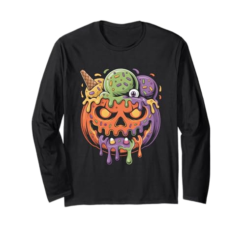Kürbis Eiscreme Monster Halloween Damen Herren Langarmshirt von Creepy Jack O Lantern Ice Cream Dripping