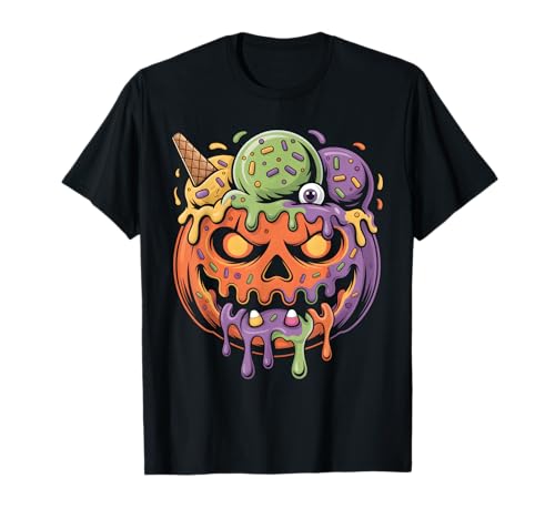Kürbis Eiscreme Monster Halloween Damen Herren T-Shirt von Creepy Jack O Lantern Ice Cream Dripping