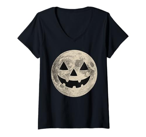 Damen Vintage Jack O'Lantern Face Fullmoon Halloween T-Shirt mit V-Ausschnitt Damen Vintage Jack O'Lantern Face Fullmoon Halloween T-Shirt mit V-Ausschnitt von Creepy Jack O Lantern Pumpkin Horror Gothic Design