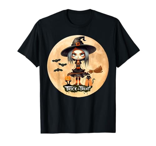 Gruseliges süßes Mädchen Hexe großes Auge Puppe genähter Mund Halloween T-Shirt von Creepy Kawaii Goth Fall Coffee Hot Cider Club