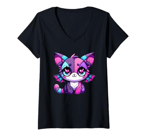 Damen Kawaii Pastell Goth Katze Hexe Anime Japanisch Gruselig Anime T-Shirt mit V-Ausschnitt von Creepy Kawaii Japanese Mythology Anime Gothic