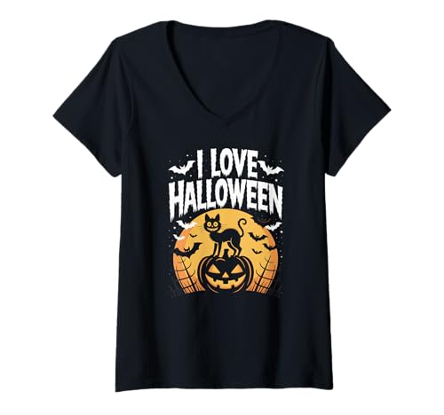 Damen Ich Liebe Halloween Black Cat Pumpkin Fun T-Shirt mit V-Ausschnitt Damen Ich Liebe Halloween Black Cat Pumpkin Fun T-Shirt mit V-Ausschnitt von Creepy Nightfall Enthusiasts Club