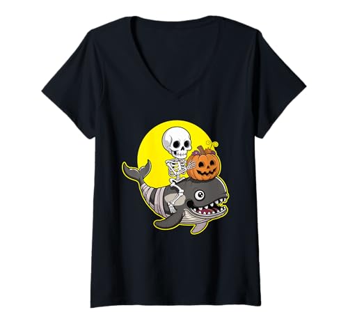 Damen Skelett Reitwal mit Kürbis Halloween T-Shirt mit V-Ausschnitt Damen Skelett Reitwal mit Kürbis Halloween T-Shirt mit V-Ausschnitt von Creepy Ocean Co