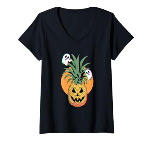 Damen Haunted Pineapple Jack O Laterne, tropisches Sommer-Halloween T-Shirt mit V-Ausschnitt Damen Haunted Pineapple Jack O Laterne, tropisches Sommer-Halloween T-Shirt mit V-Ausschnitt von Creepy Pineapple Co