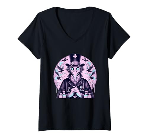 Damen Süßer gruseliger Plague Doctor Anime Pastell-Goth T-Shirt mit V-Ausschnitt Damen Süßer gruseliger Plague Doctor Anime Pastell-Goth T-Shirt mit V-Ausschnitt von Creepy Plague Doctor Anime Pastel Goth