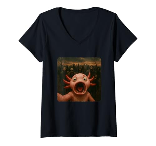 Damen Axolotl Selfie Zombies Apokalypse Humor Lustig Halloween T-Shirt mit V-Ausschnitt Damen Axolotl Selfie Zombies Apokalypse Humor Lustig Halloween T-Shirt mit V-Ausschnitt von Creepy Post-Apocalyptic Survival Horror Comedy