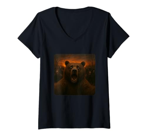Damen Bär Selfie Zombies Apokalypse Humor Lustig Halloween T-Shirt mit V-Ausschnitt von Creepy Post-Apocalyptic Survival Horror Comedy