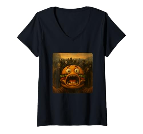 Damen Burger Selfie Zombies Apokalypse Humor Lustig Halloween T-Shirt mit V-Ausschnitt Damen Burger Selfie Zombies Apokalypse Humor Lustig Halloween T-Shirt mit V-Ausschnitt von Creepy Post-Apocalyptic Survival Horror Comedy