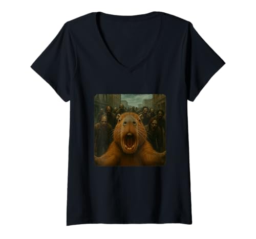 Damen Capybara Selfie Zombies Apokalypse Humor Lustig Halloween T-Shirt mit V-Ausschnitt von Creepy Post-Apocalyptic Survival Horror Comedy
