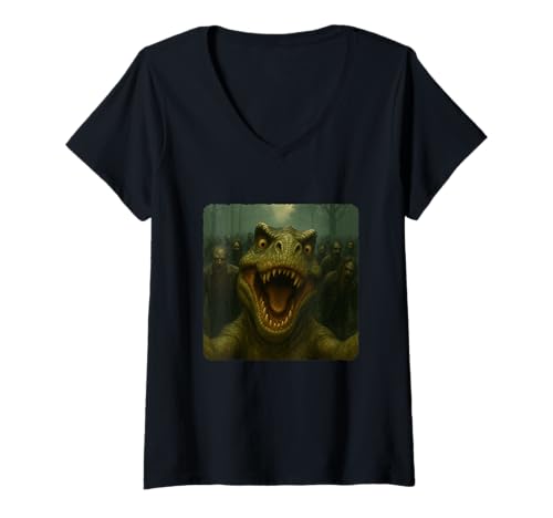 Damen Dinosaurier Selfie Zombies Apokalypse Humor Lustig Halloween T-Shirt mit V-Ausschnitt von Creepy Post-Apocalyptic Survival Horror Comedy