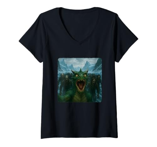 Damen Drache Selfie Zombies Apokalypse Humor Lustig Halloween T-Shirt mit V-Ausschnitt von Creepy Post-Apocalyptic Survival Horror Comedy