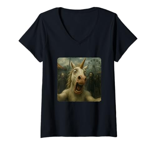 Damen Einhorn Selfie Zombies Apokalypse Humor Lustig Halloween T-Shirt mit V-Ausschnitt von Creepy Post-Apocalyptic Survival Horror Comedy