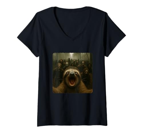 Damen Faultier Selfie Zombies Apokalypse Humor Lustig Halloween T-Shirt mit V-Ausschnitt von Creepy Post-Apocalyptic Survival Horror Comedy