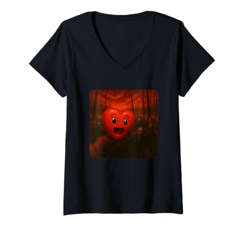 Damen Herz Selfie Zombies Apokalypse Humor Lustig Halloween T-Shirt mit V-Ausschnitt von Creepy Post-Apocalyptic Survival Horror Comedy