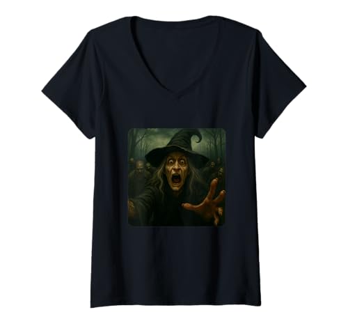 Damen Hexe Selfie Zombies Apokalypse Humor Lustig Halloween T-Shirt mit V-Ausschnitt von Creepy Post-Apocalyptic Survival Horror Comedy