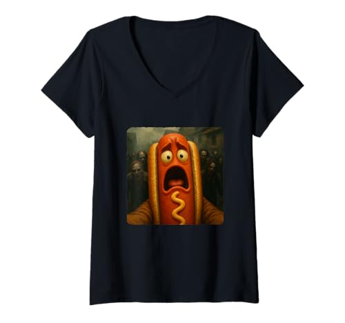 Damen Hotdog Selfie Zombies Apokalypse Humor Lustig Halloween T-Shirt mit V-Ausschnitt von Creepy Post-Apocalyptic Survival Horror Comedy