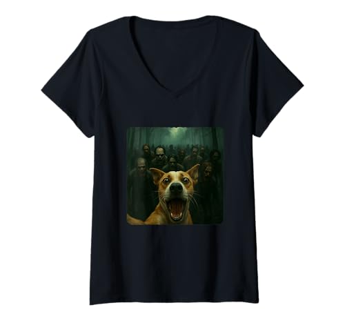 Damen Hund Selfie Zombies Apokalypse Humor Lustig Halloween T-Shirt mit V-Ausschnitt von Creepy Post-Apocalyptic Survival Horror Comedy