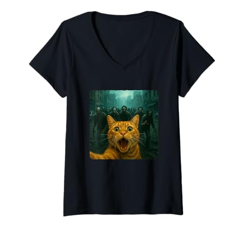Damen Katze Selfie Zombies Apokalypse Humor Lustig Halloween T-Shirt mit V-Ausschnitt von Creepy Post-Apocalyptic Survival Horror Comedy