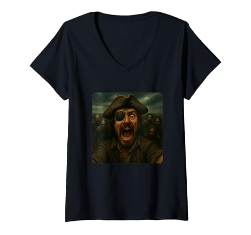 Damen Piraten Selfie Zombies Apokalypse Humor Lustig Halloween T-Shirt mit V-Ausschnitt von Creepy Post-Apocalyptic Survival Horror Comedy