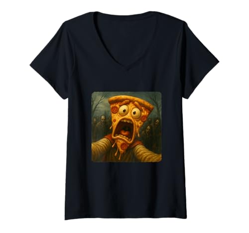 Damen Pizza Selfie Zombies Apokalypse Humor Lustig Halloween T-Shirt mit V-Ausschnitt von Creepy Post-Apocalyptic Survival Horror Comedy