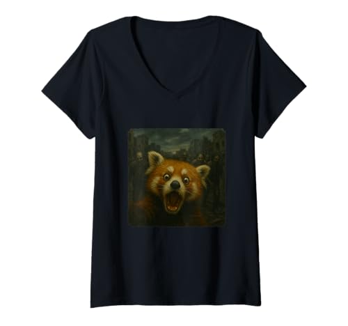 Damen Red Panda Selfie Zombies Apokalypse Humor Lustig Halloween T-Shirt mit V-Ausschnitt von Creepy Post-Apocalyptic Survival Horror Comedy