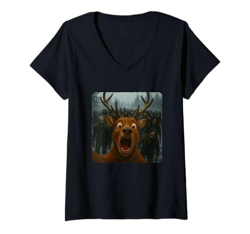 Damen Rentier Selfie Zombies Apokalypse Humor Lustig Halloween T-Shirt mit V-Ausschnitt von Creepy Post-Apocalyptic Survival Horror Comedy