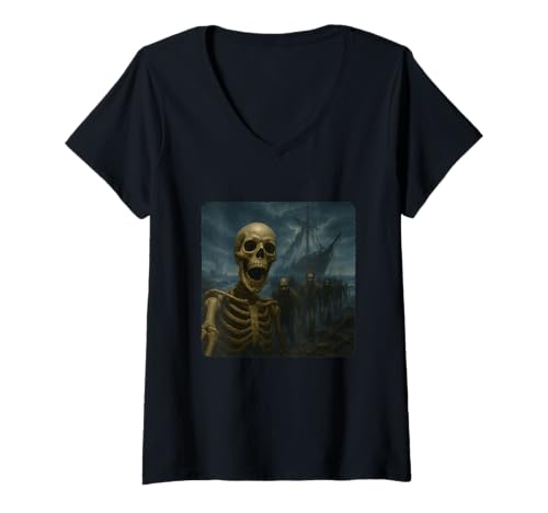 Damen Skelett Selfie Zombies Apokalypse Humor Lustig Halloween T-Shirt mit V-Ausschnitt von Creepy Post-Apocalyptic Survival Horror Comedy