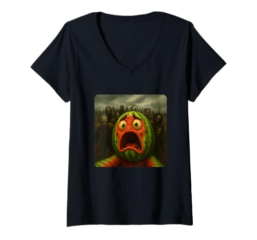 Damen Wassermelone Selfie Zombies Apokalypse Humor Lustig Halloween T-Shirt mit V-Ausschnitt Damen Wassermelone Selfie Zombies Apokalypse Humor Lustig Halloween T-Shirt mit V-Ausschnitt von Creepy Post-Apocalyptic Survival Horror Comedy