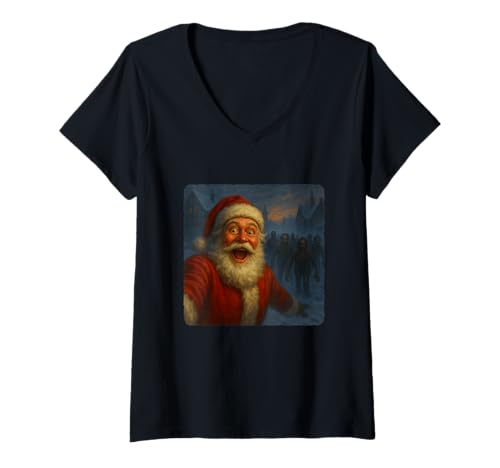 Damen Weihnachtsmann Selfie Zombies Apokalypse Humor Lustig Halloween T-Shirt mit V-Ausschnitt von Creepy Post-Apocalyptic Survival Horror Comedy