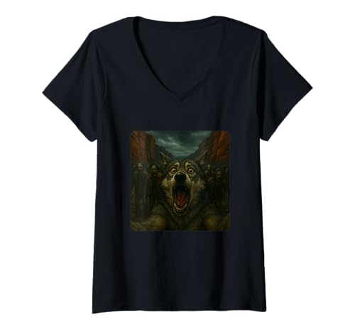 Damen Wolf Selfie Zombies Apokalypse Humor Lustig Halloween T-Shirt mit V-Ausschnitt Damen Wolf Selfie Zombies Apokalypse Humor Lustig Halloween T-Shirt mit V-Ausschnitt von Creepy Post-Apocalyptic Survival Horror Comedy