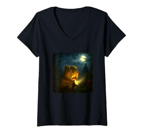 Damen Capybara Scary Horror Night Taschenlampe Halloween Ghost T-Shirt mit V-Ausschnitt von Creepy Scared Haunted Spooky Frightened Paranormal