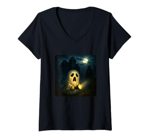 Damen Ghost Scary Horror Night Taschenlampe Halloween Ghost T-Shirt mit V-Ausschnitt von Creepy Scared Haunted Spooky Frightened Paranormal