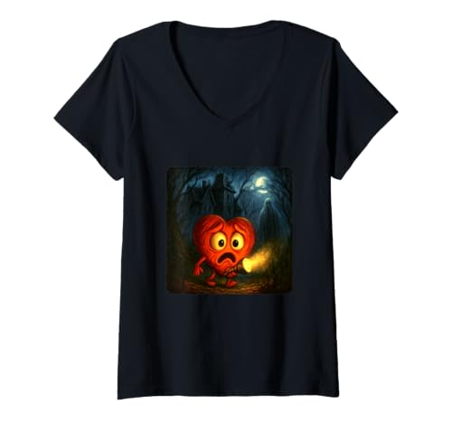 Damen Heart Scary Horror Night Taschenlampe Halloween Ghost T-Shirt mit V-Ausschnitt von Creepy Scared Haunted Spooky Frightened Paranormal
