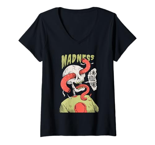 Damen Wahnsinn ist Mein zweiter Vorname mit Totenkopf und Würmern T-Shirt mit V-Ausschnitt Damen Wahnsinn ist Mein zweiter Vorname mit Totenkopf und Würmern T-Shirt mit V-Ausschnitt von Creepy Trippy Artwork